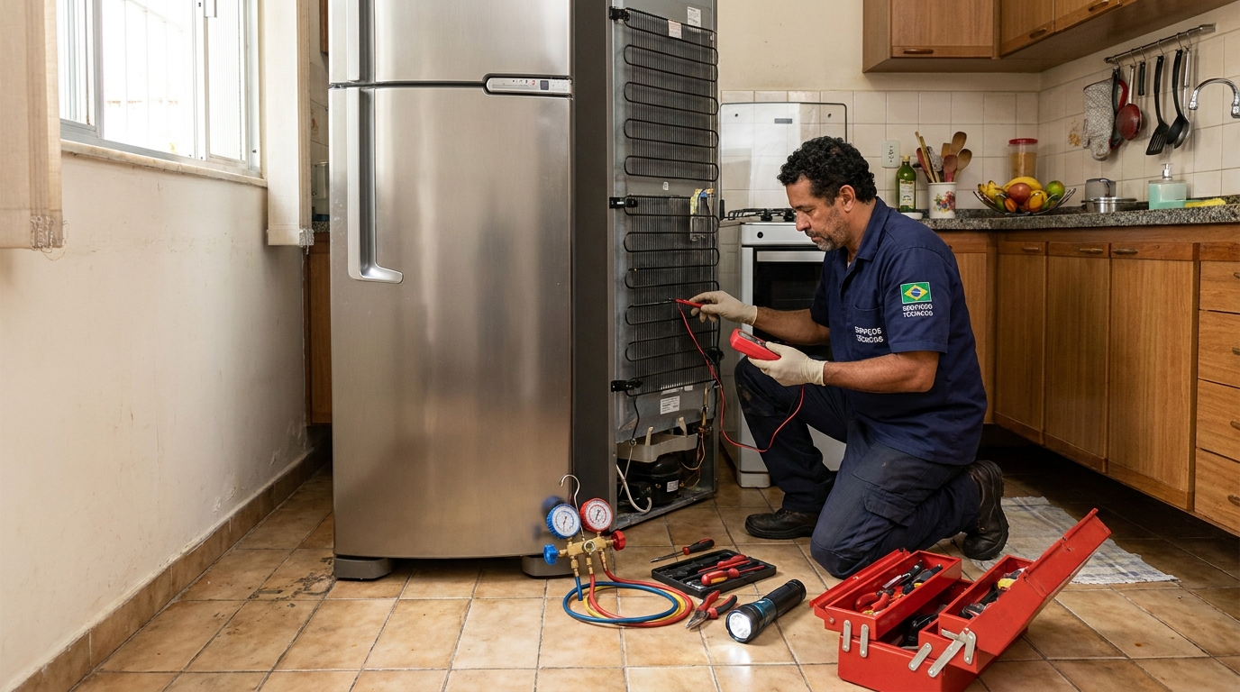 Técnico realizando manutenção de motor de geladeira em Florianópolis‑SC